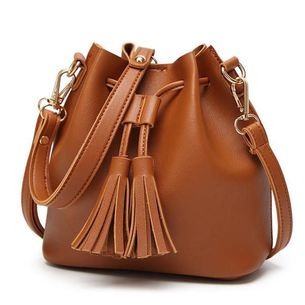 Dame Pu Læder Snøre Bucket Tasker Retro Tassel Skuldertasker Crossbody Tasker