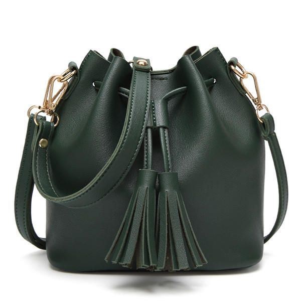 Dame Pu Læder Snøre Bucket Tasker Retro Tassel Skuldertasker Crossbody Tasker