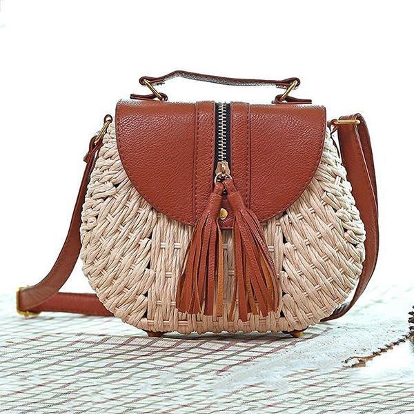 Dame Rejse Halm Strandtasker Tassel Patchwork Crossbody Taske