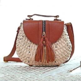 Dame Rejse Halm Strandtasker Tassel Patchwork Crossbody Taske