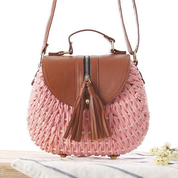 Dame Rejse Halm Strandtasker Tassel Patchwork Crossbody Taske