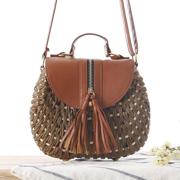 Dame Rejse Halm Strandtasker Tassel Patchwork Crossbody Taske