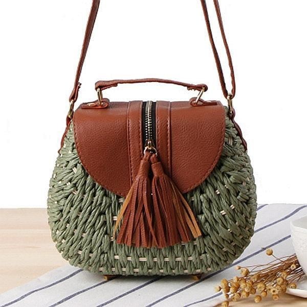 Dame Rejse Halm Strandtasker Tassel Patchwork Crossbody Taske