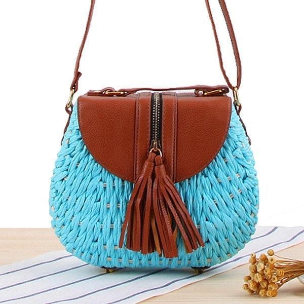 Dame Rejse Halm Strandtasker Tassel Patchwork Crossbody Taske