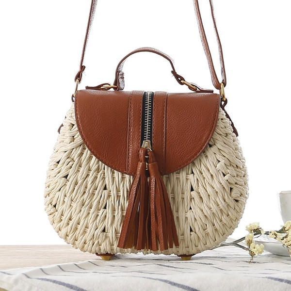 Dame Rejse Halm Strandtasker Tassel Patchwork Crossbody Taske