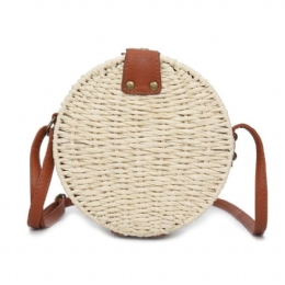 Dame Sommer Rund Straw Skuldertaske Vintage Woven Beach Tote Crossbody Håndtaske