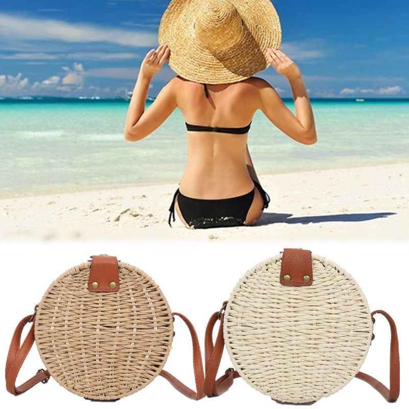 Dame Sommer Rund Straw Skuldertaske Vintage Woven Beach Tote Crossbody Håndtaske