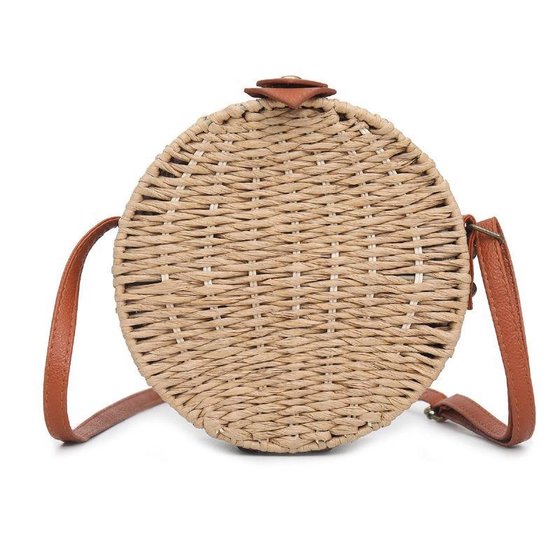 Dame Sommer Rund Straw Skuldertaske Vintage Woven Beach Tote Crossbody Håndtaske