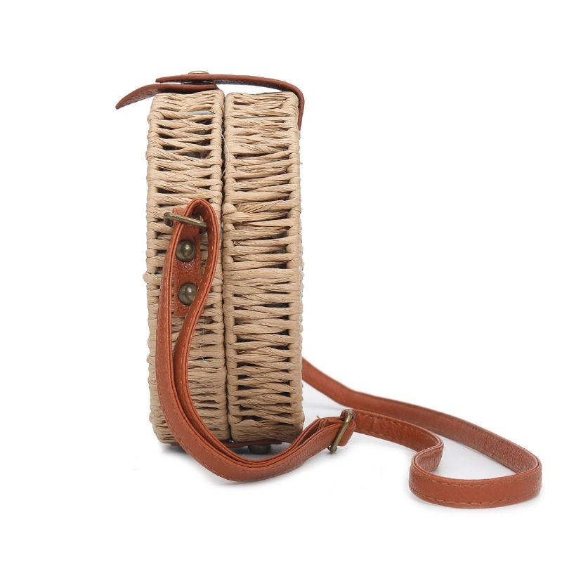 Dame Sommer Rund Straw Skuldertaske Vintage Woven Beach Tote Crossbody Håndtaske