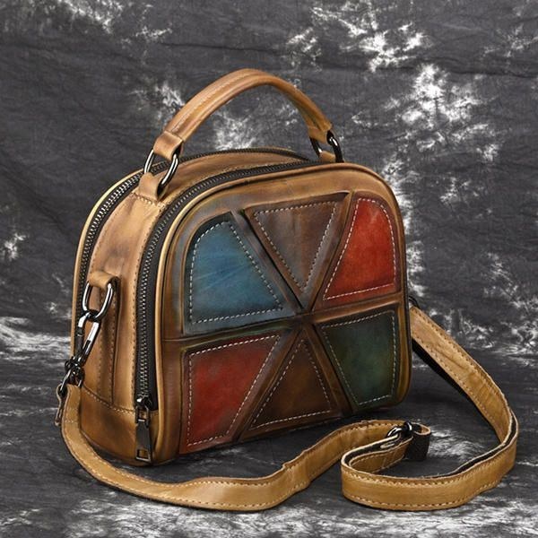 Dame Vintage Ægte Læder Håndlavet Børste Farve Håndtasker Syning Crossbody Tasker