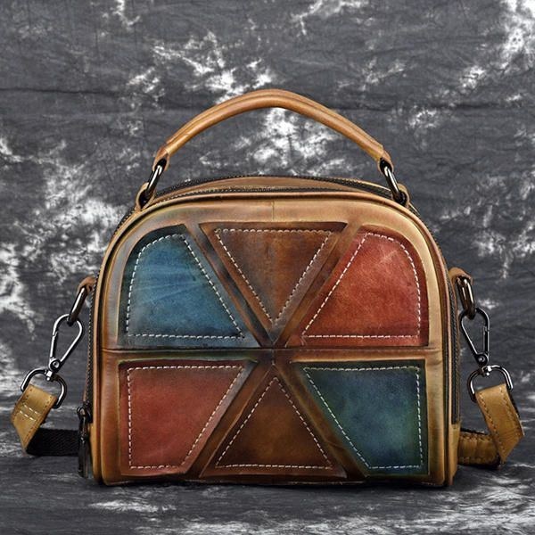 Dame Vintage Ægte Læder Håndlavet Børste Farve Håndtasker Syning Crossbody Tasker