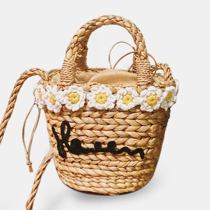 Damerejser Daisy Beach Weave Straw Crossbody Bag Bucket Bag