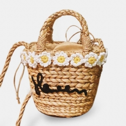 Damerejser Daisy Beach Weave Straw Crossbody Bag Bucket Bag