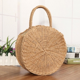 Runde Damer Piger Straw Rattan Taske Circle Håndtaske Håndvævet Summer Beach Bali