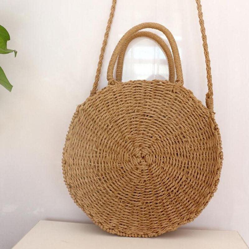 Runde Damer Piger Straw Rattan Taske Circle Håndtaske Håndvævet Summer Beach Bali