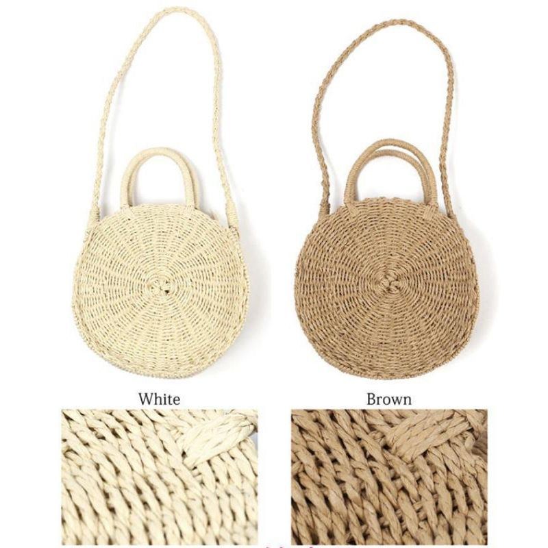 Runde Damer Piger Straw Rattan Taske Circle Håndtaske Håndvævet Summer Beach Bali