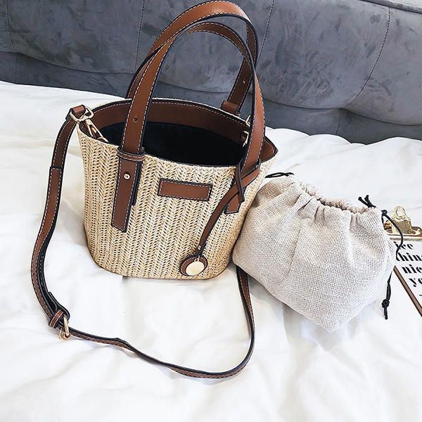 Straw Beach Bag Bucket Bag Håndtaske Skuldertaske Til Damer