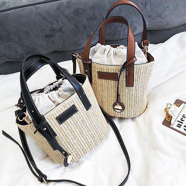 Straw Beach Bag Bucket Bag Håndtaske Skuldertaske Til Damer