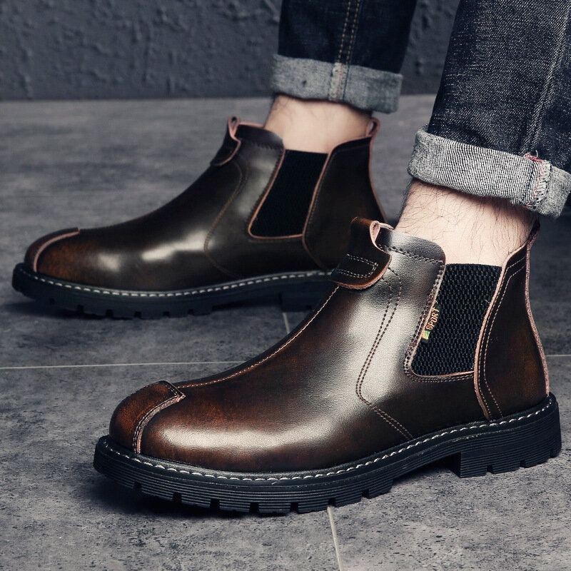 Herre Ægte Læder Slip-on Skridsikker Plus Velvet Warm Chelsea Boots Martin Boots