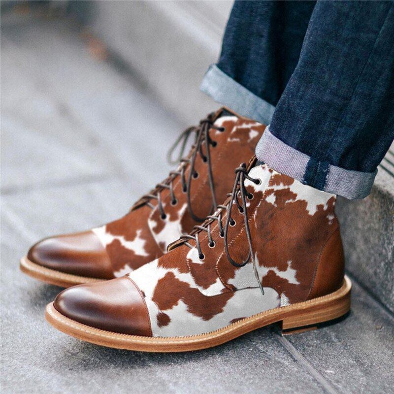 Herre Cow Spot Printed Cap Toe Comfy Ankel Jack Støvler