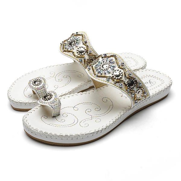 Dame Bohemia Sandals Clip Toe Flad Broderi Casual Beach Slipper