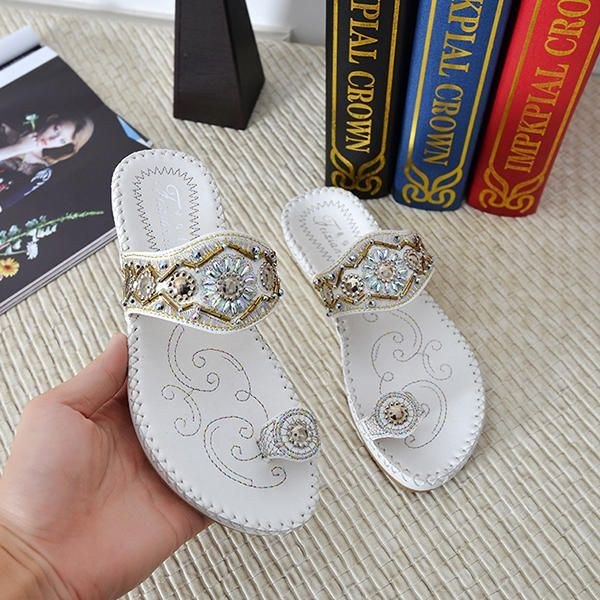 Dame Bohemia Sandals Clip Toe Flad Broderi Casual Beach Slipper