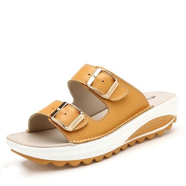 Dame I Stor Størrelse Blødt Læderspænde Peep Toe Slip On Beach Platform Sandaler