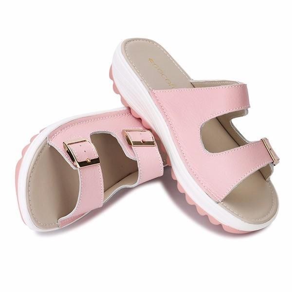 Dame I Stor Størrelse Blødt Læderspænde Peep Toe Slip On Beach Platform Sandaler