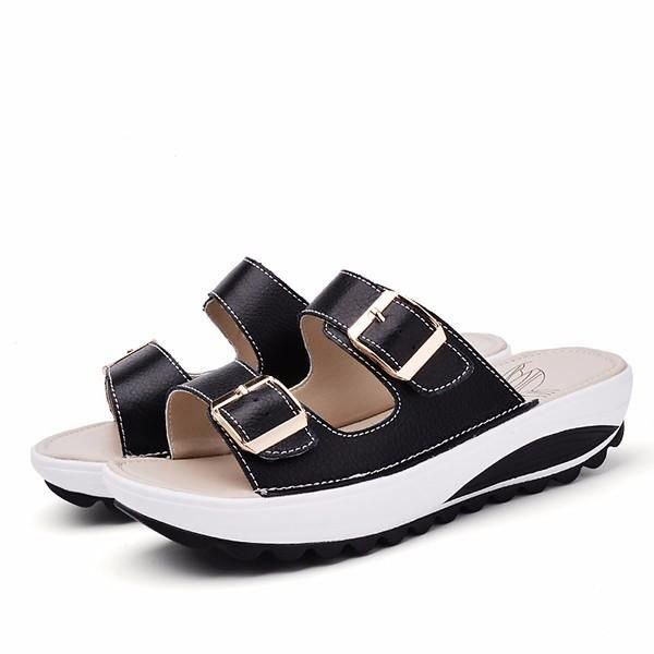 Dame I Stor Størrelse Blødt Læderspænde Peep Toe Slip On Beach Platform Sandaler