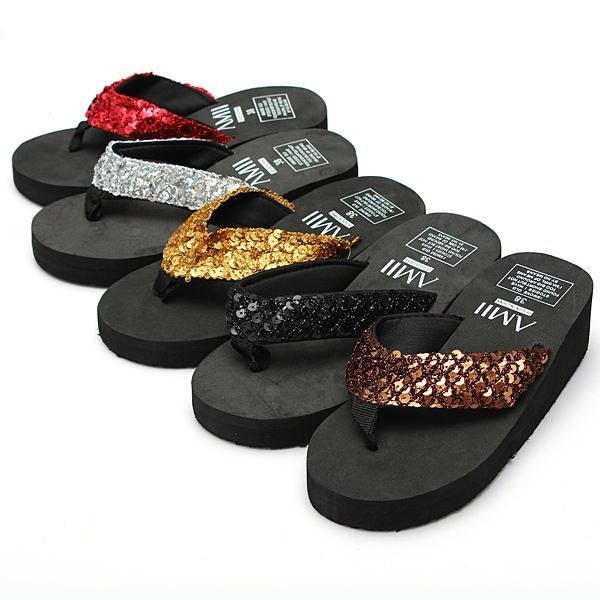 Dame Pailletter Summer Beach Flip Flops Wedge Sandaler