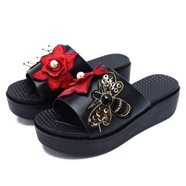 Dame Sommersandaler Slip On Soft Sole Flower Brodery Hjemmesko