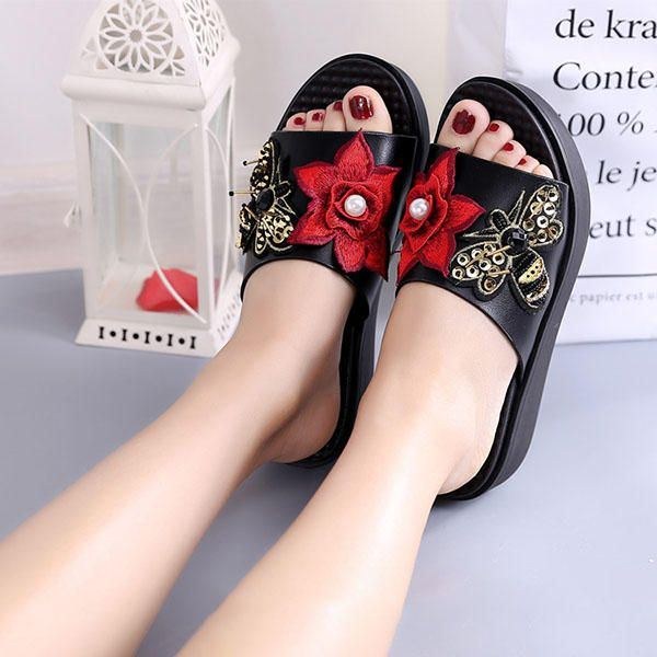 Dame Sommersandaler Slip On Soft Sole Flower Brodery Hjemmesko