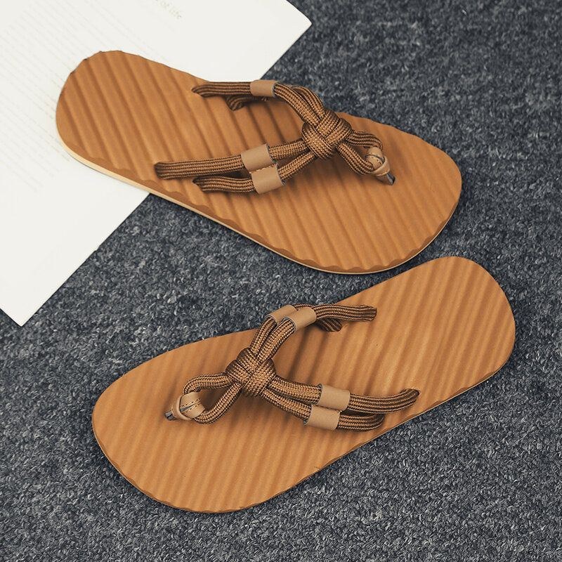 Herre Åndbare Vævede Snørebånd Blød Bund Skridsikre Behagelige Flip Flops Afslappede Hjemmesko