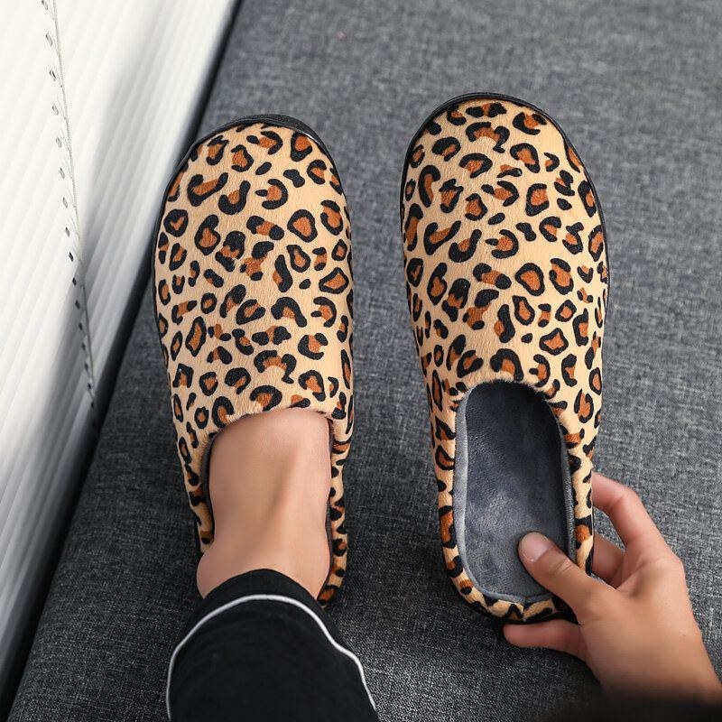 Herre Leopard Bomuld Varm Skridsikker Bærbar Sål Slip-on Hjemmesko