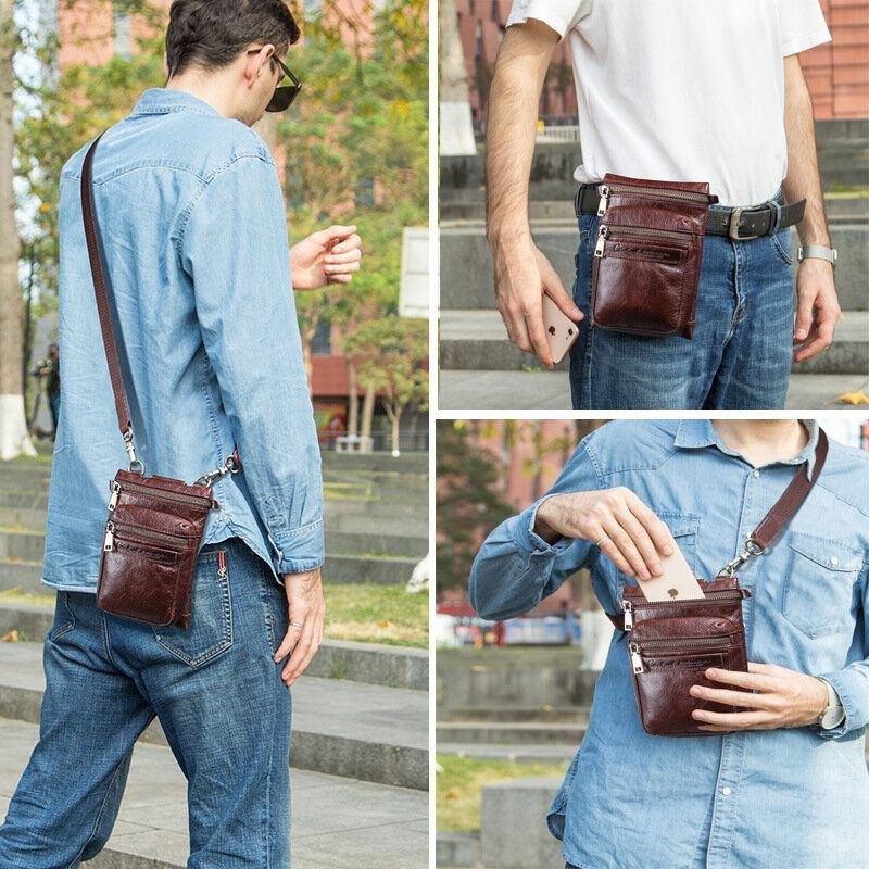 Ægte Læder Til Mænd Retro Casual Udendørs Multi-bære Telefontaske Crossbody Taske Taljetaske Til 5.8 Tommer Telefon