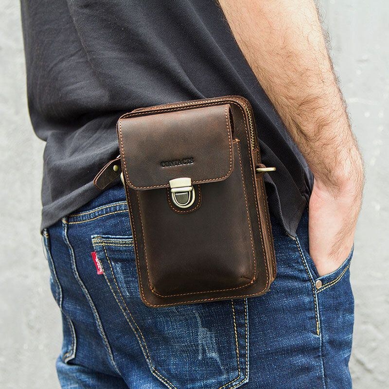 Ægte Læder Til Mænd Retro Casual Udendørs Multi-bære Telefontaske Crossbody Taske Taljetaske Til 5.8 Tommer Telefon