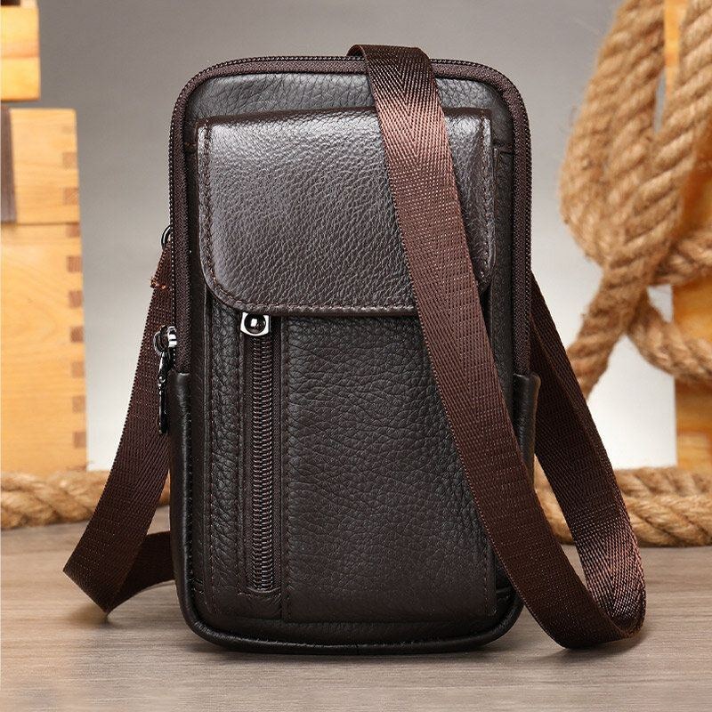 Herre Retro Dobbeltlags Kohud-taljetaske Casual Slidbestandig 6.5 Tommer Telefontaske Bæltetaske Crossbody-taske Skuldertaske