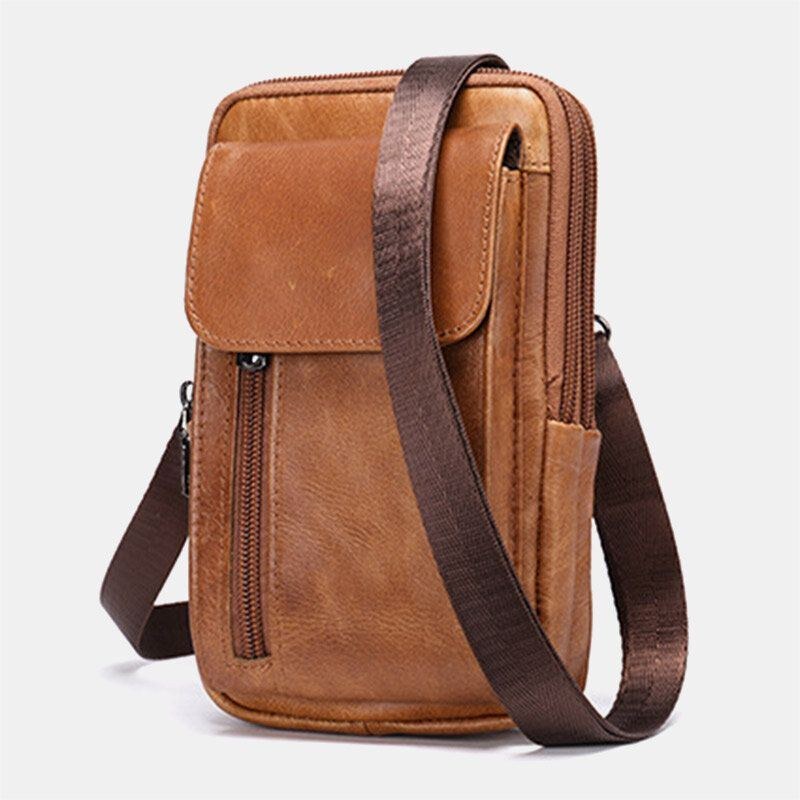 Herre Retro Dobbeltlags Kohud-taljetaske Casual Slidbestandig 6.5 Tommer Telefontaske Bæltetaske Crossbody-taske Skuldertaske