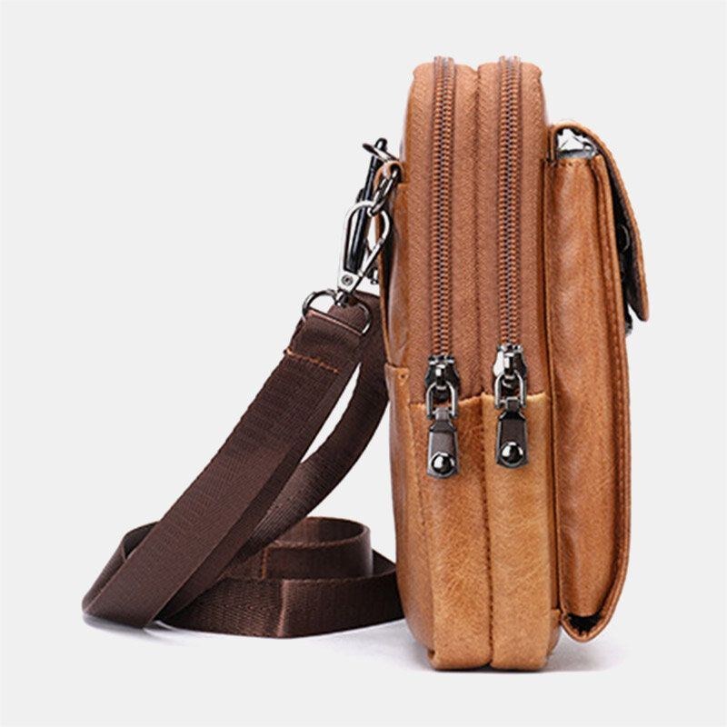 Herre Retro Dobbeltlags Kohud-taljetaske Casual Slidbestandig 6.5 Tommer Telefontaske Bæltetaske Crossbody-taske Skuldertaske