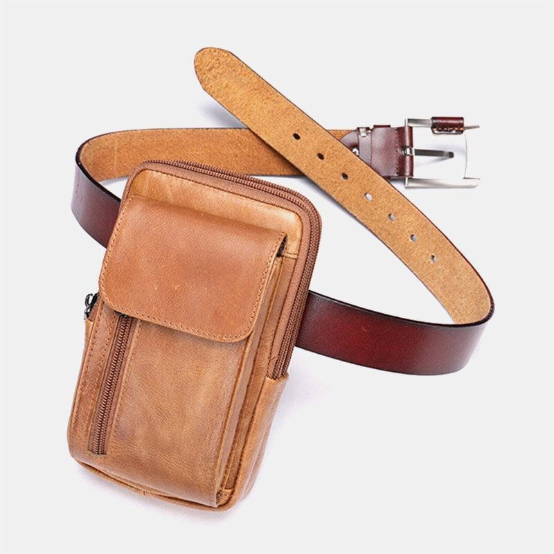 Herre Retro Dobbeltlags Kohud-taljetaske Casual Slidbestandig 6.5 Tommer Telefontaske Bæltetaske Crossbody-taske Skuldertaske