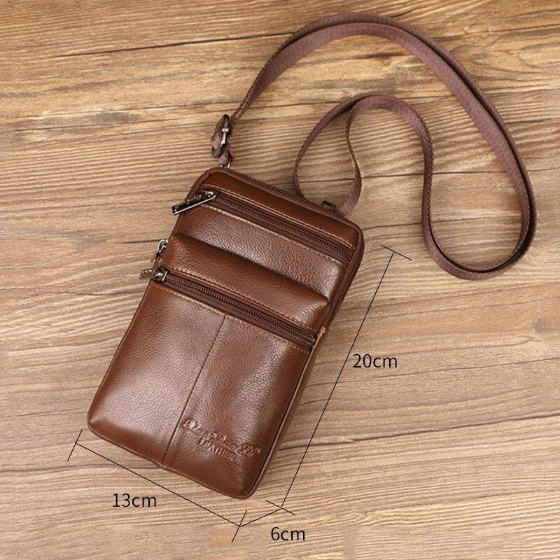 Mænds Ægte Læder Mini Multifunktionel Messenger 7 Tommer Telefontaske Taljetaske Crossbody Taske