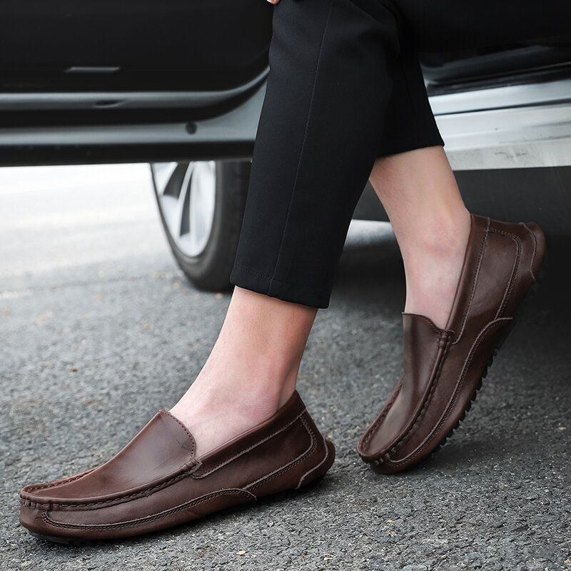 Herre Comfy Læder Loafers Skridsikker Blød Sål Casual Slip-on Flade Sko