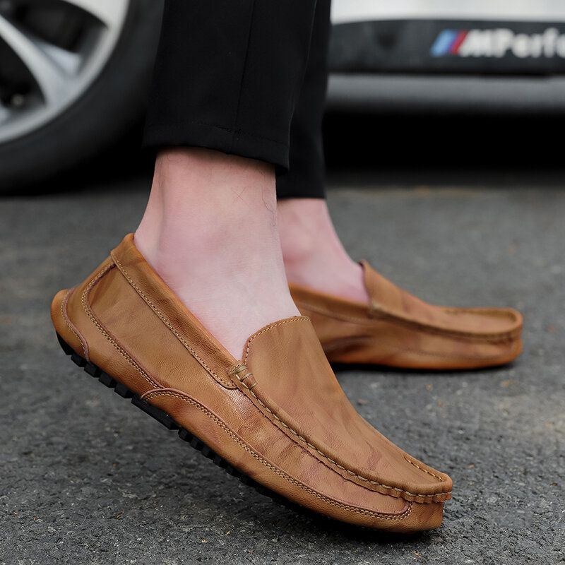 Herre Comfy Læder Loafers Skridsikker Blød Sål Casual Slip-on Flade Sko