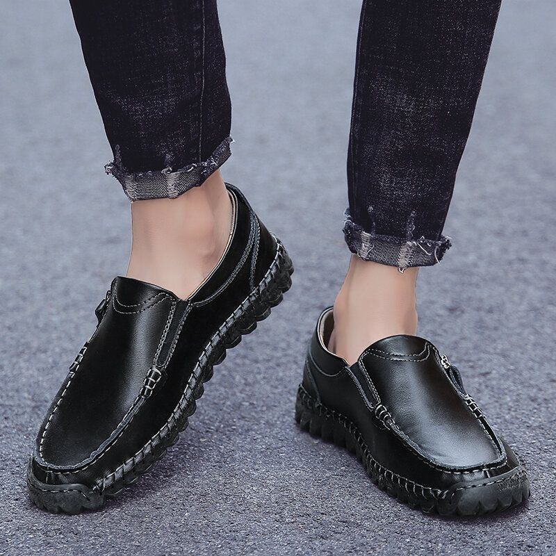 Herre Håndsyning Læder Blød Sidelynlås Business Casual Slip On Flat Shoes