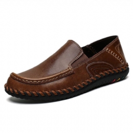 Herre Pure Color Blødt Læder Skridsikre Wide Fit Casual Slip-on Håndsyede Sko