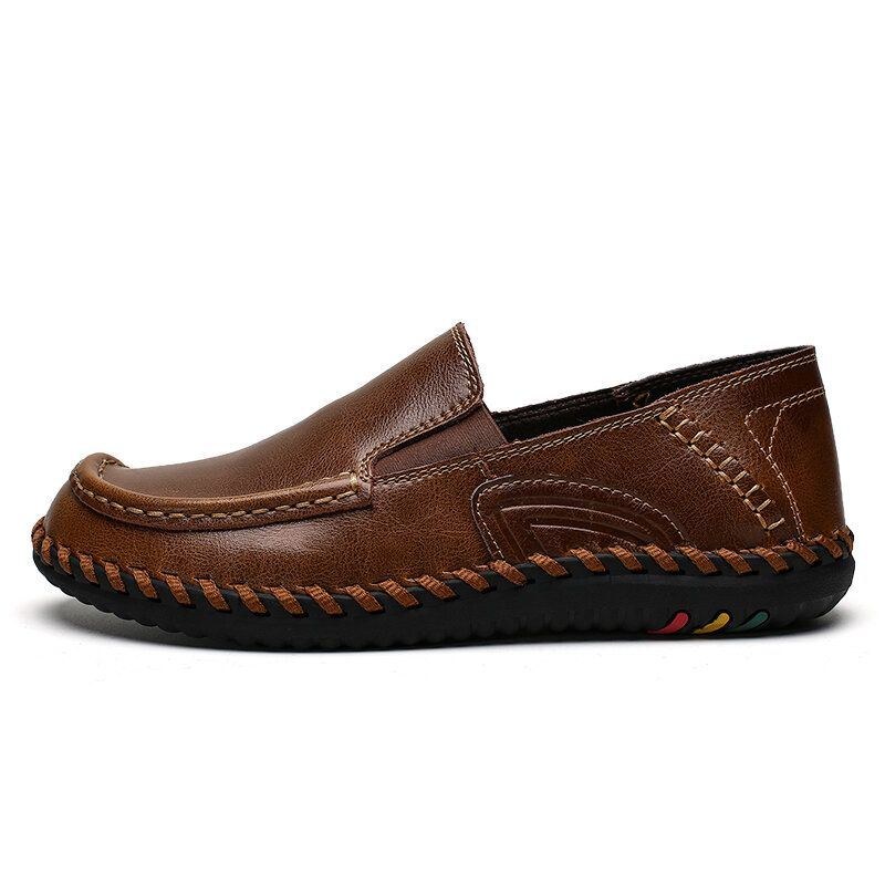 Herre Pure Color Blødt Læder Skridsikre Wide Fit Casual Slip-on Håndsyede Sko