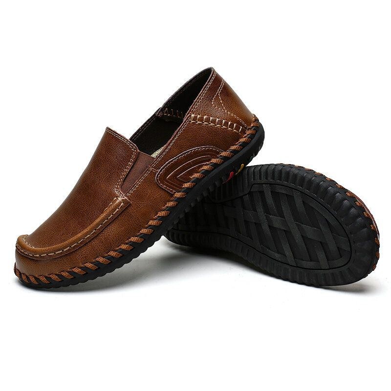 Herre Pure Color Blødt Læder Skridsikre Wide Fit Casual Slip-on Håndsyede Sko