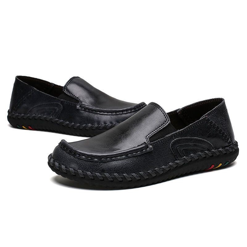 Herre Pure Color Blødt Læder Skridsikre Wide Fit Casual Slip-on Håndsyede Sko