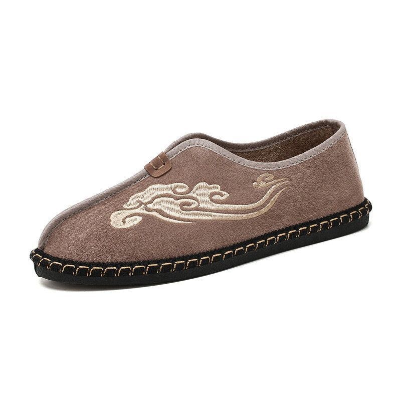 Herre Retro Broderi Ruskind Comfy Slip On Loafers Afslappede Køresko