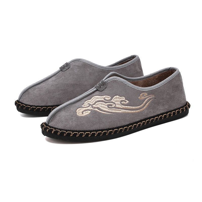 Herre Retro Broderi Ruskind Comfy Slip On Loafers Afslappede Køresko